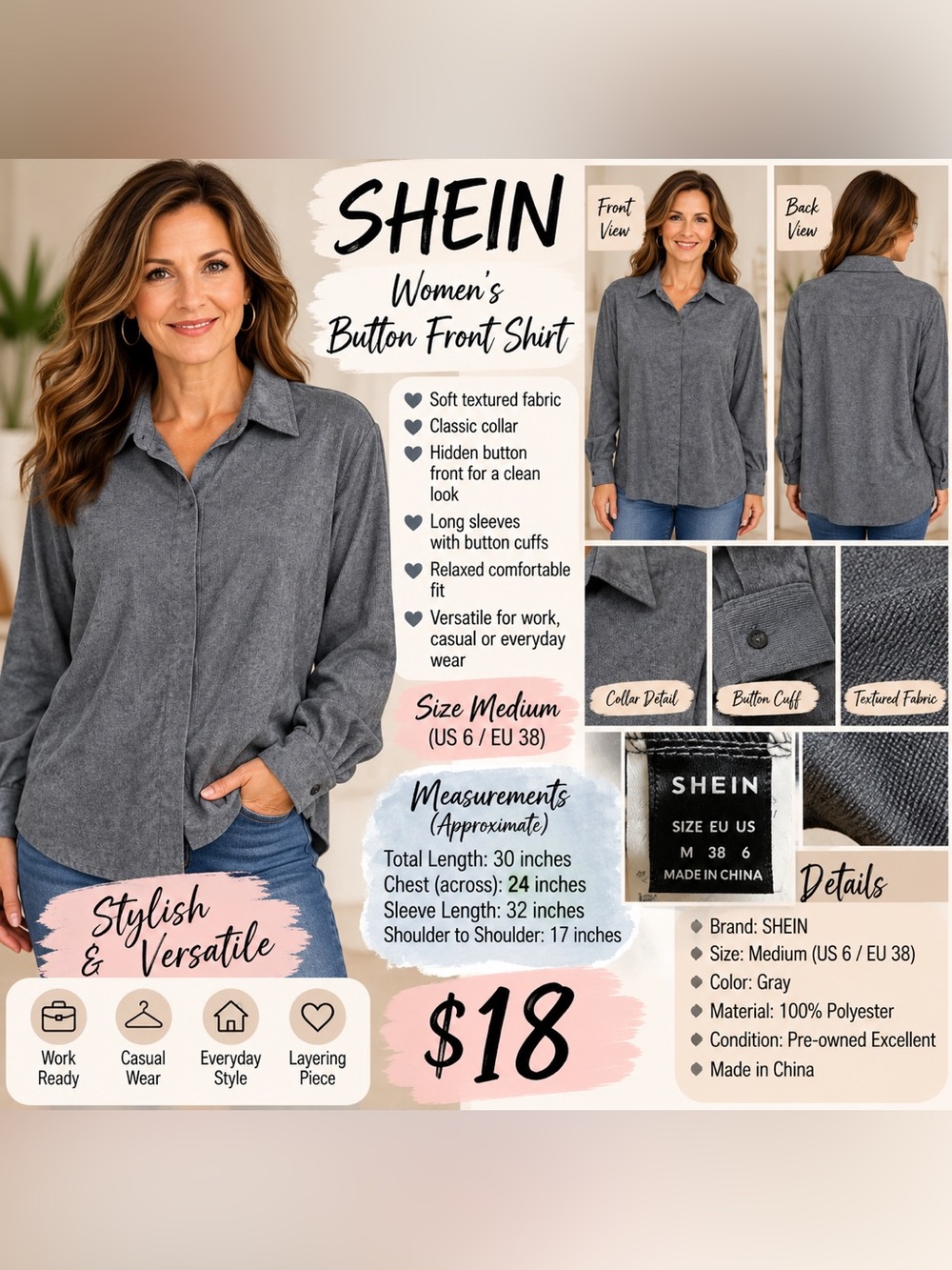 SHEIN Charcoal Button-Down Women's Shirt